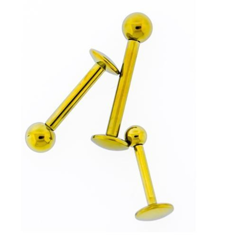 Yellow Titanium Hand Polished Labret Internally Threaded 14G-16G 3mm-4mm Ball – 1 Piece 14G (1.6mm) Length: 1/2″ (12.7mm) | Ball-Size: 4mm