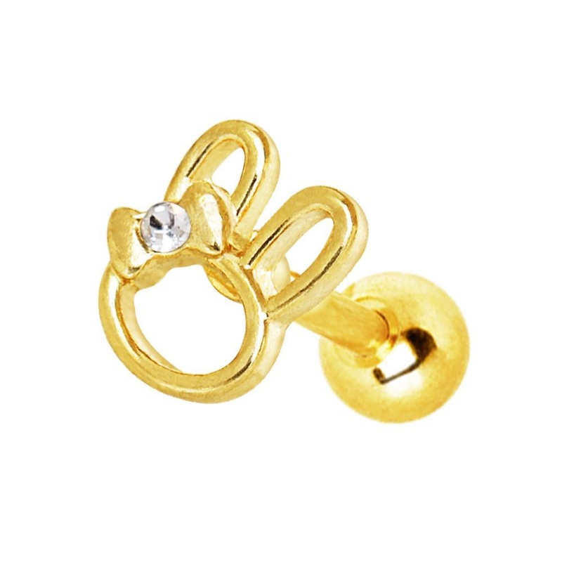 Gold Plated Jeweled Ribbon Bunny Cartilage Barbell Earring – 1 Piece 16G (1.2mm) Length: 1/4″