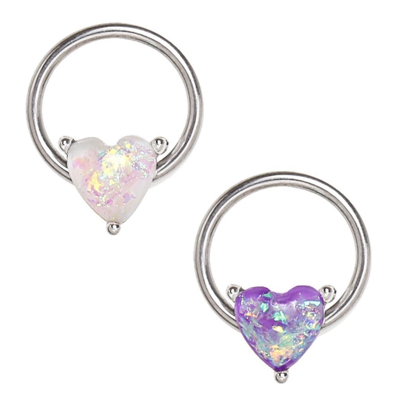 Opal Heart Snap-in Captive Bead Ring 16G (1.2mm) Inner Diameter: 3/8″ Purple