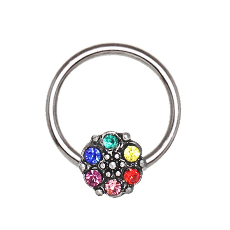 Rainbow Flower Snap-in Captive Bead Ring 16G (1.2mm) Inner Diameter: 3/8″ Rainbow