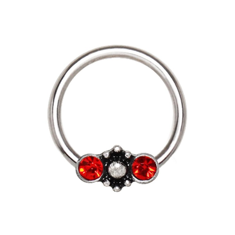 Red Jeweled Ornate Snap-in Captive Bead Ring 16G (1.2mm) Inner Diameter: 3/8″