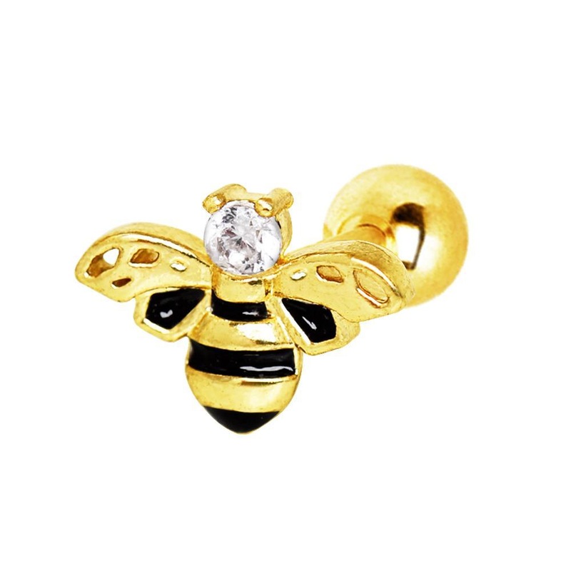 Yellow Gold Plated Jeweled Bumblebee Cartilage Barbell Earring – 1 Piece 16G (1.2mm) Length: 1/4″