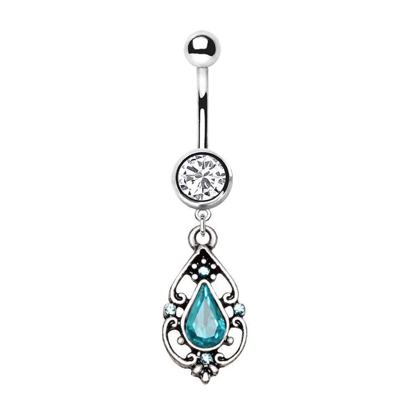 Antique Aqua Pendant Dangle Belly Ring 14G (1.6mm) Length: 3/8″ (10mm)