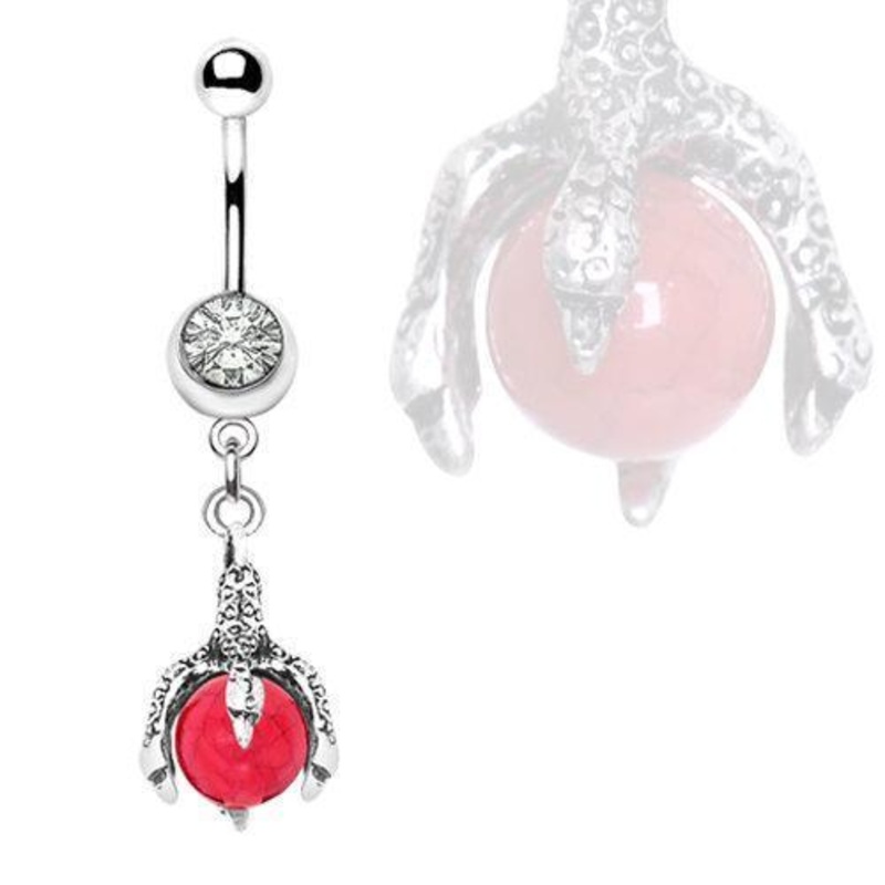 Antique Dragon Claw and Stone Orb Dangle Belly Ring 14G (1.6mm) Length: 3/8″ (10mm)