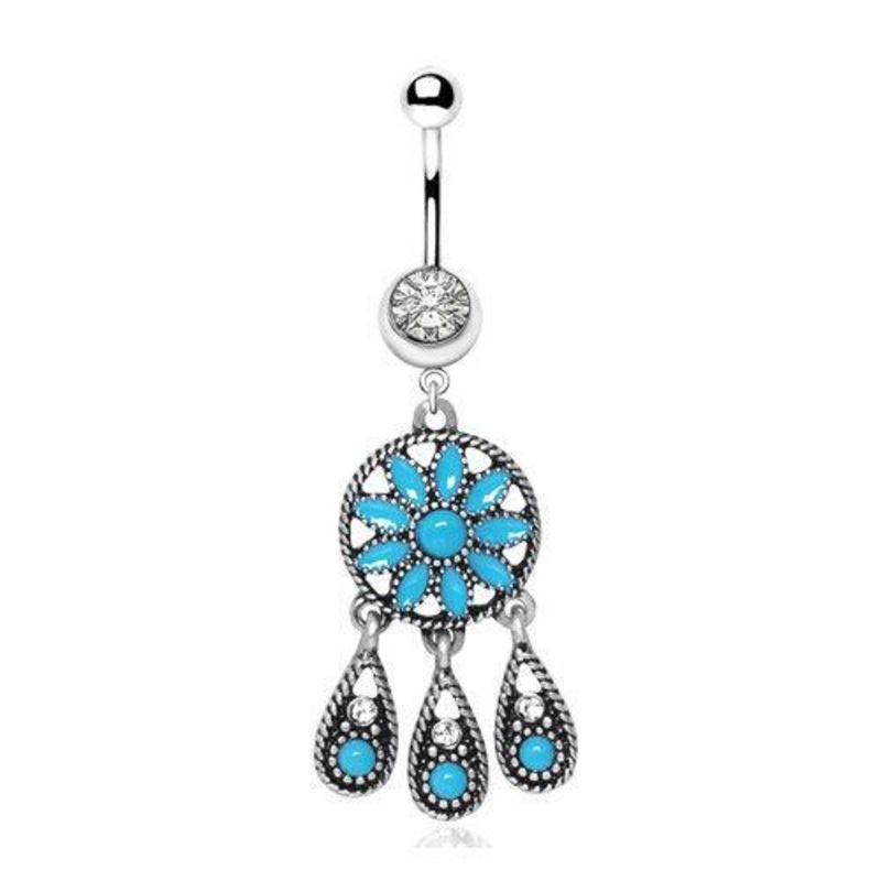 Antique Turquoise Teardrop Dangle Belly Ring 14G (1.6mm) Length: 3/8″ (10mm)