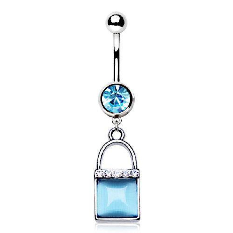 Aqua Cat’s Eye Lock Dangle Belly Ring 14G (1.6mm) Length: 3/8″ (10mm) Aqua