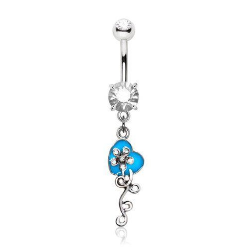 Aqua Heart Flower Dangle Belly Ring 14G (1.6mm) Length: 3/8″ (10mm)