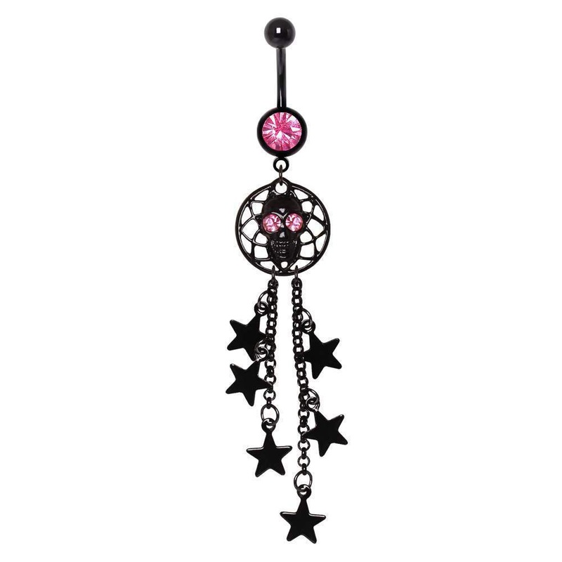 Black Alien Skull and Stars Dangle Belly Ring 14G (1.6mm) Length: 3/8″ (10mm)