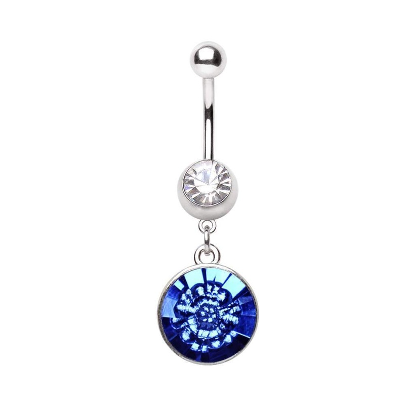 Blue Captured Flower Faceted CZ Dangle Belly Ring 14G (1.6mm) Length: 3/8″ (10mm)