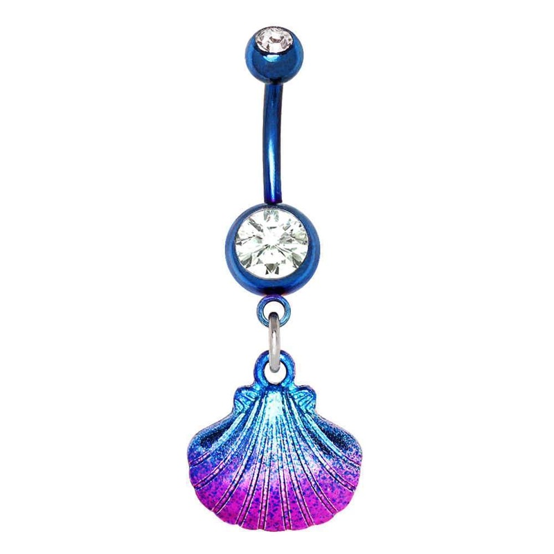 Blue Dangle Belly Ring Blue Pink Seashell Dangle 14G (1.6mm) Length: 3/8″ (10mm)