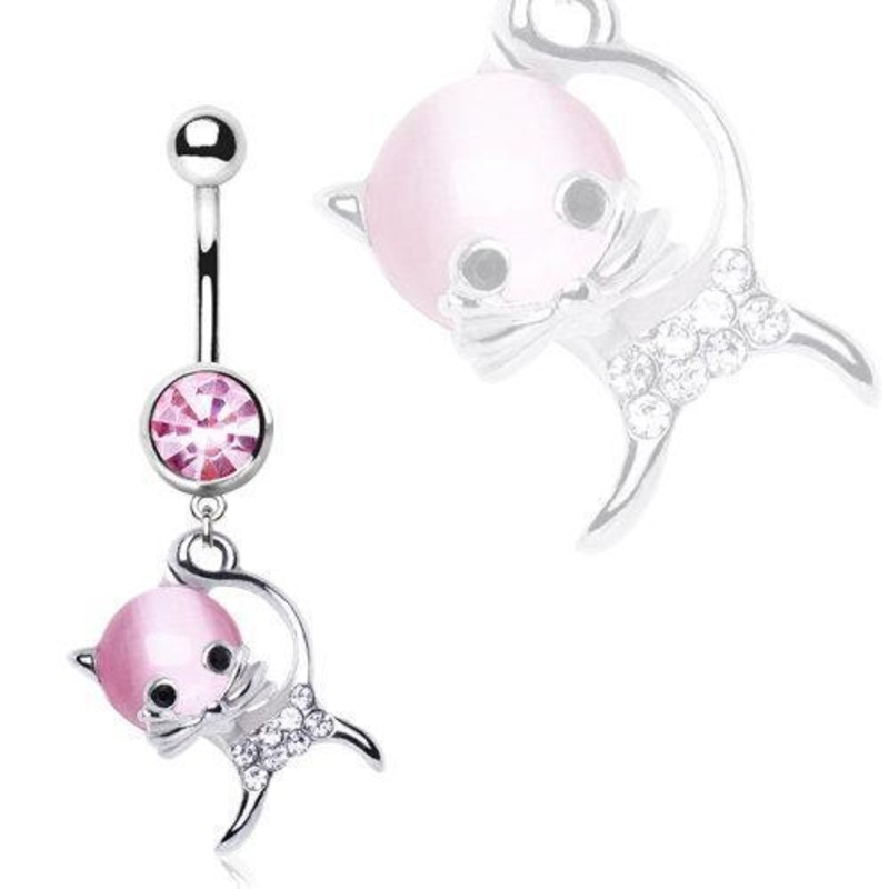 Cat’s Eye Kitty Cat Dangle Belly Ring 14G (1.6mm) Length: 3/8″ (10mm) Pink