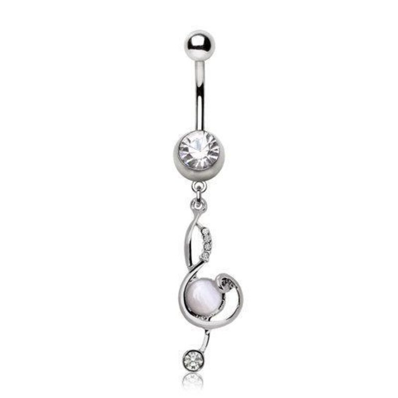 Cat’s Eye Musical Treble Clef Dangle Belly Ring 14G (1.6mm) Length: 3/8″ (10mm) Clear