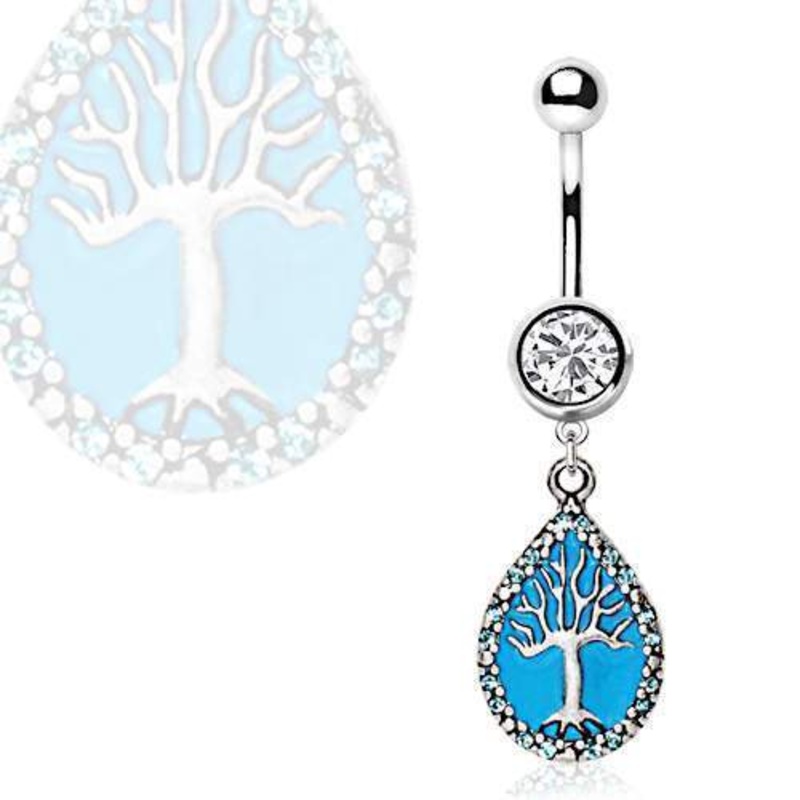 Tree of Life in Rain Drop Dangle Belly Ring 14G (1.6mm) Length: 3/8″ (10mm)