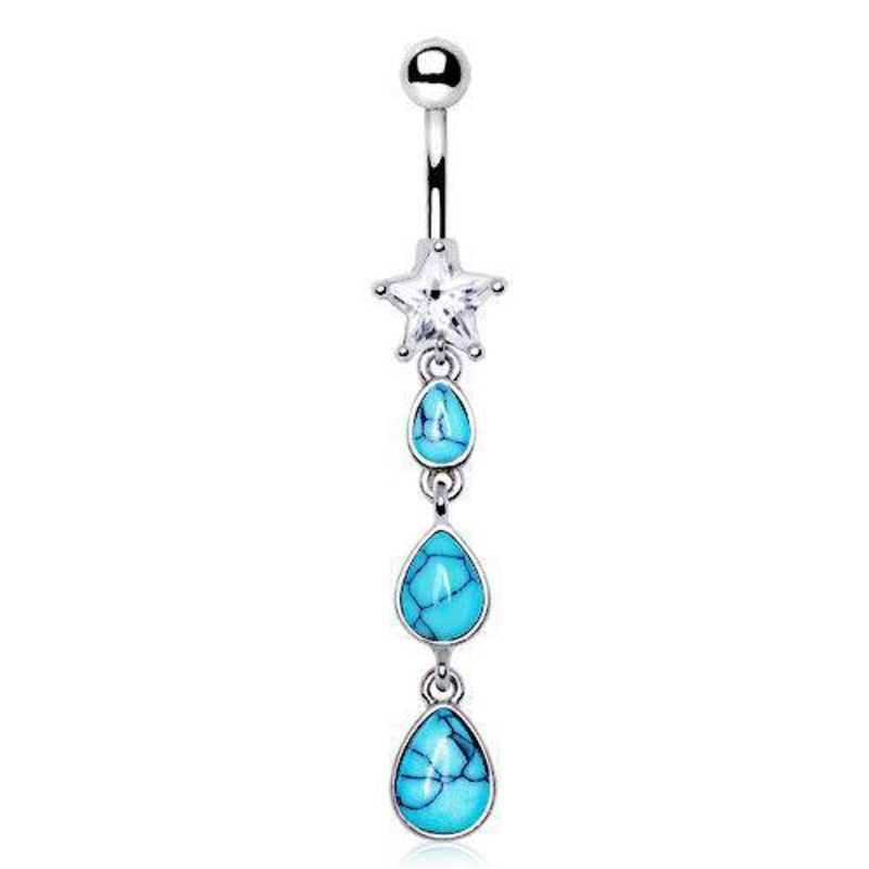 Triple Teardrop Turquoise Dangle Belly Ring 14G (1.6mm) Length: 3/8″ (10mm)
