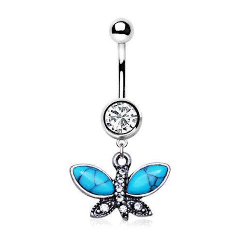 Turquoise Butterfly Dangle Belly Rings 14G (1.6mm) Length: 3/8″ (10mm)