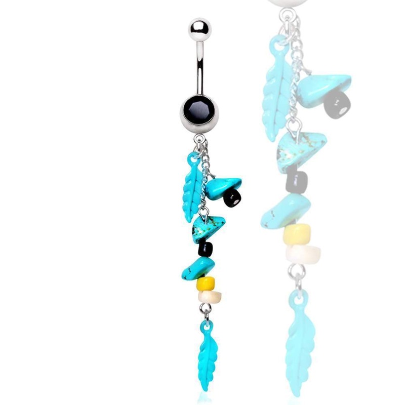 Turquoise Feather Stone Dangle Belly Ring 14G (1.6mm) Length: 3/8″ (10mm)