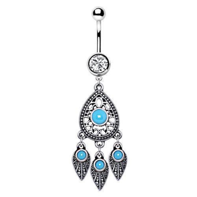 Turquoise Teardrop and Feather Dangle Belly Ring 14G (1.6mm) Length: 3/8″ (10mm)