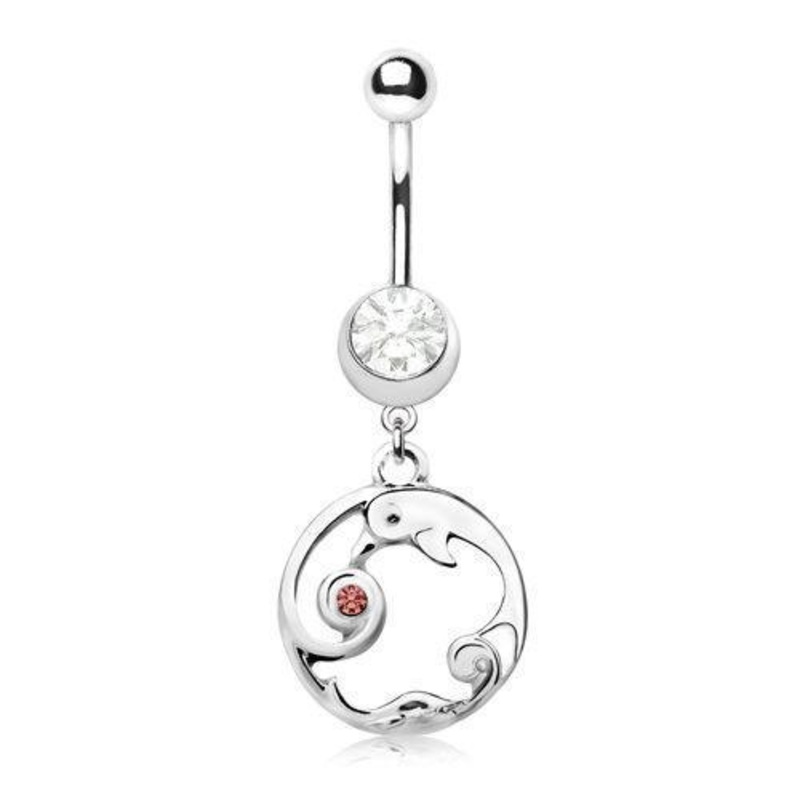 Wave Catching Dolphin Dangle Belly Ring 14G (1.6mm) Length: 3/8″ (10mm)