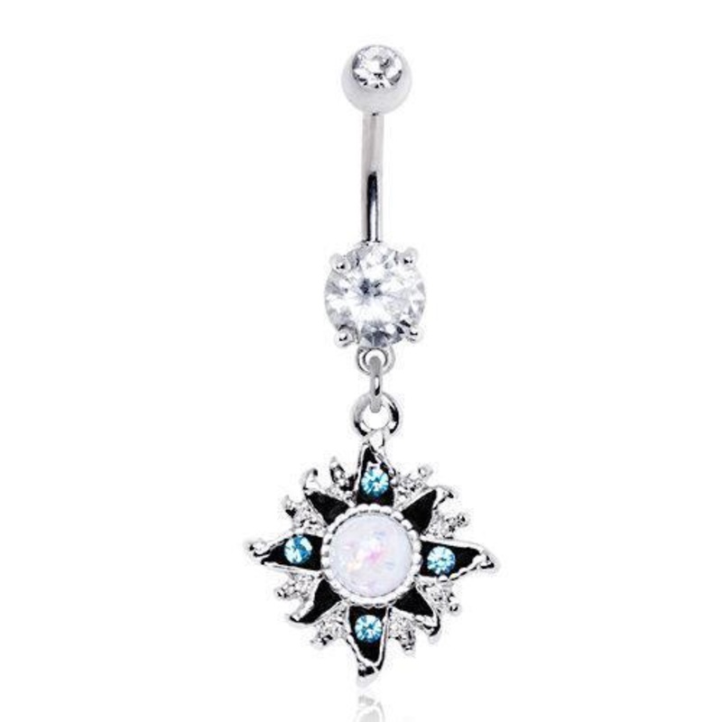 White Opal Sunburst Dangle Belly Ring 14G (1.6mm) Length: 3/8″ (10mm)