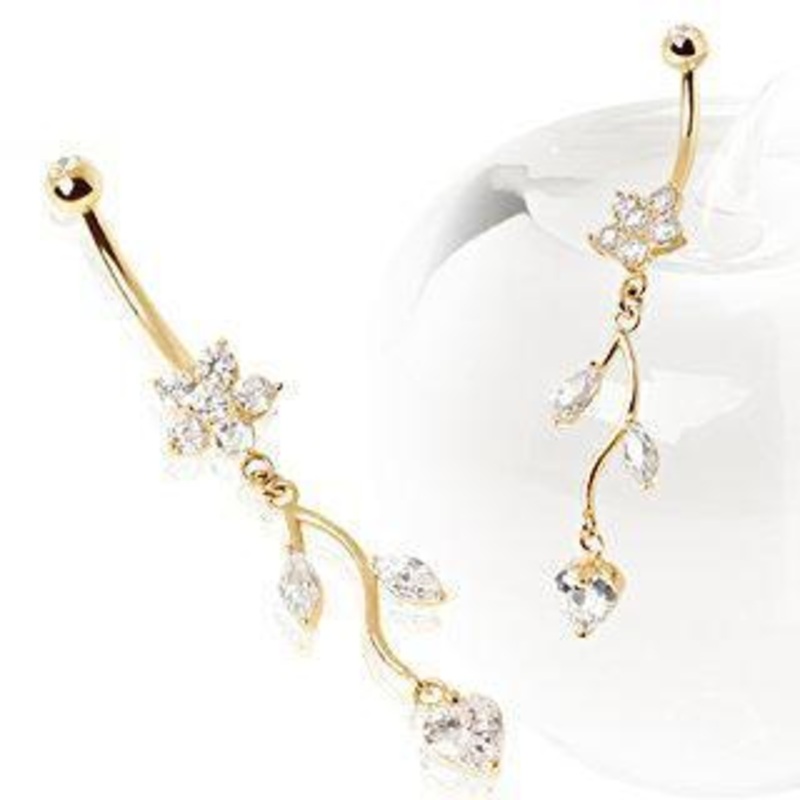 14K Gold Dangle Belly Ring Flower Vine 14G (1.6mm) Length: 3/8″ (10mm) Clear