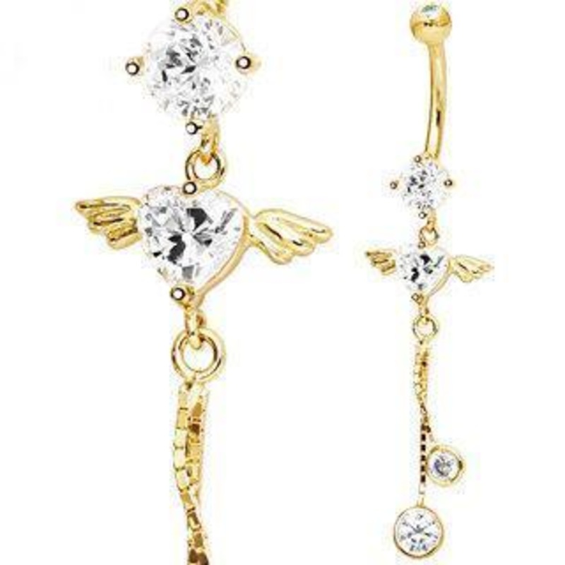 14K Gold Dangle Belly Ring Winged Heart Gem 14G (1.6mm) Length: 3/8″ (10mm) Clear