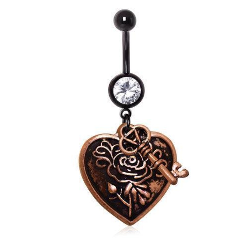 Antique Brass Key Heart Dangle Belly Ring 14G (1.6mm) Length: 3/8″ (10mm) Clear