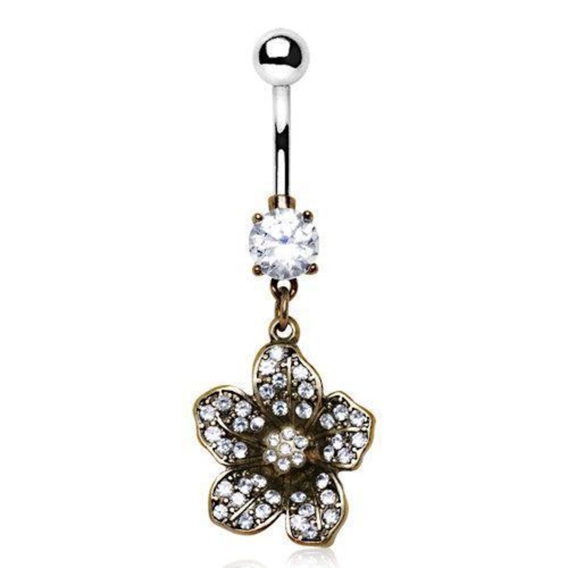 Antique Gold Flower Dangle Belly Ring 14G (1.6mm) Length: 3/8″ (10mm)