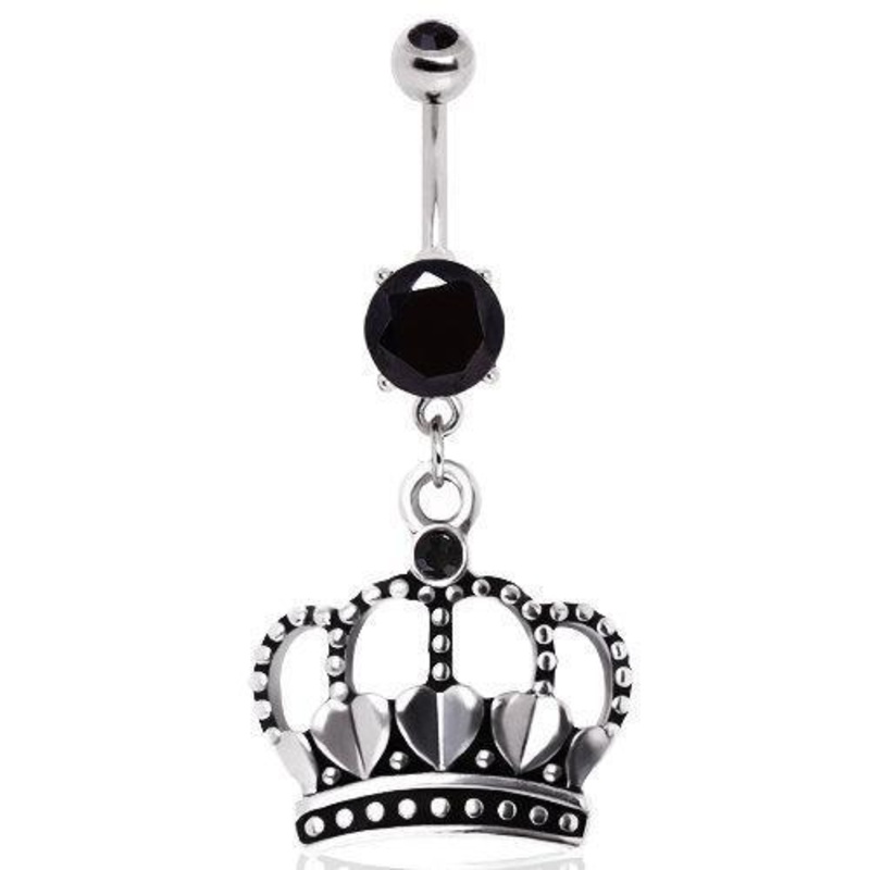 Antique Style Heart Crown Black Gems 14G (1.6mm) Length: 3/8″ (10mm)