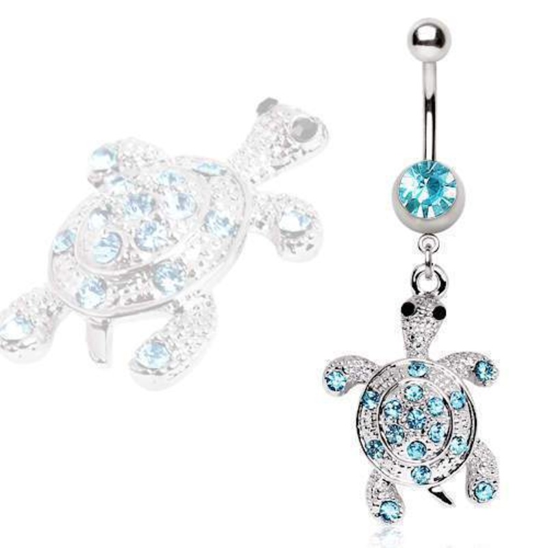Aqua Gem Turtle Dangle Belly Ring 14G (1.6mm) Length: 3/8″ (10mm) Aqua