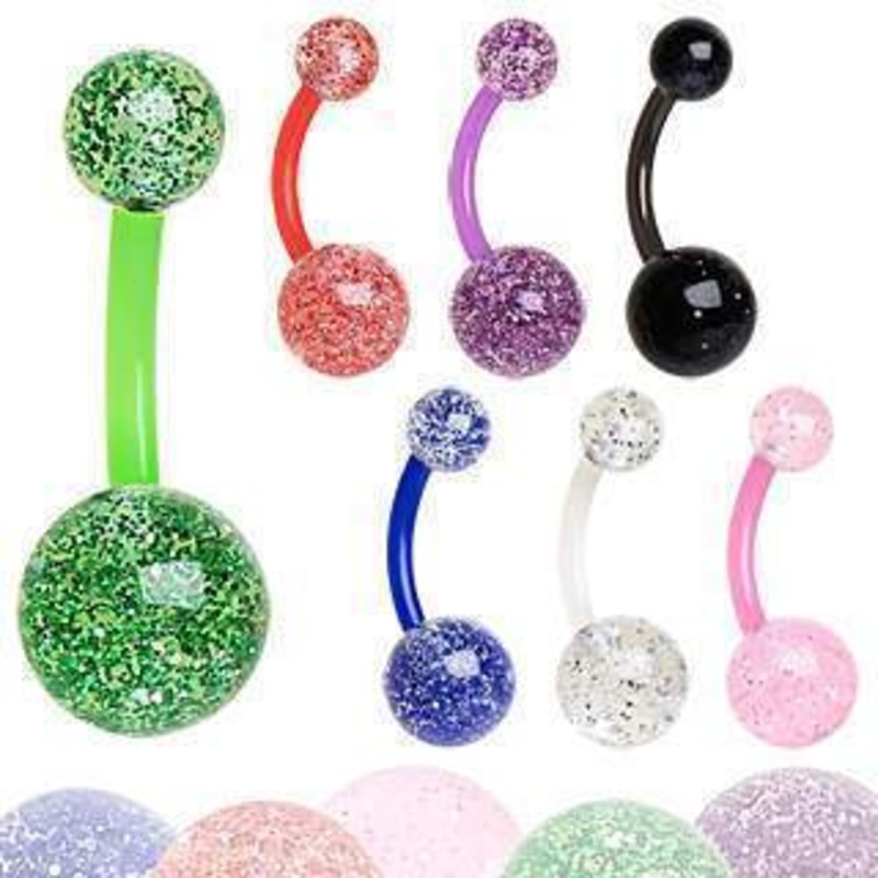 BioFlex Metallic Glitter Ball Navel Belly Ring Retainer – 1 Piece 14G (1.6mm) Length : 3/8″ (10mm) Black