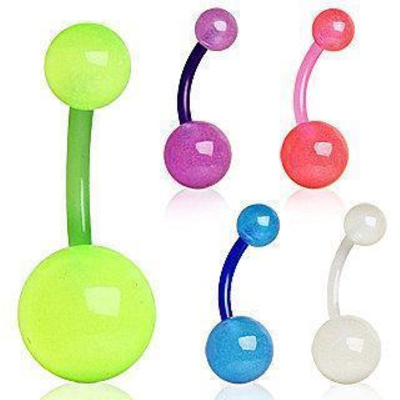 BioFlex / PTFE Navel Belly Ring Retainer w/ Glow in the Dark Balls – 1 Piece 14G (1.6mm) Length : 3/8″ (10mm) | Ball-Size : 5/8mm Blue