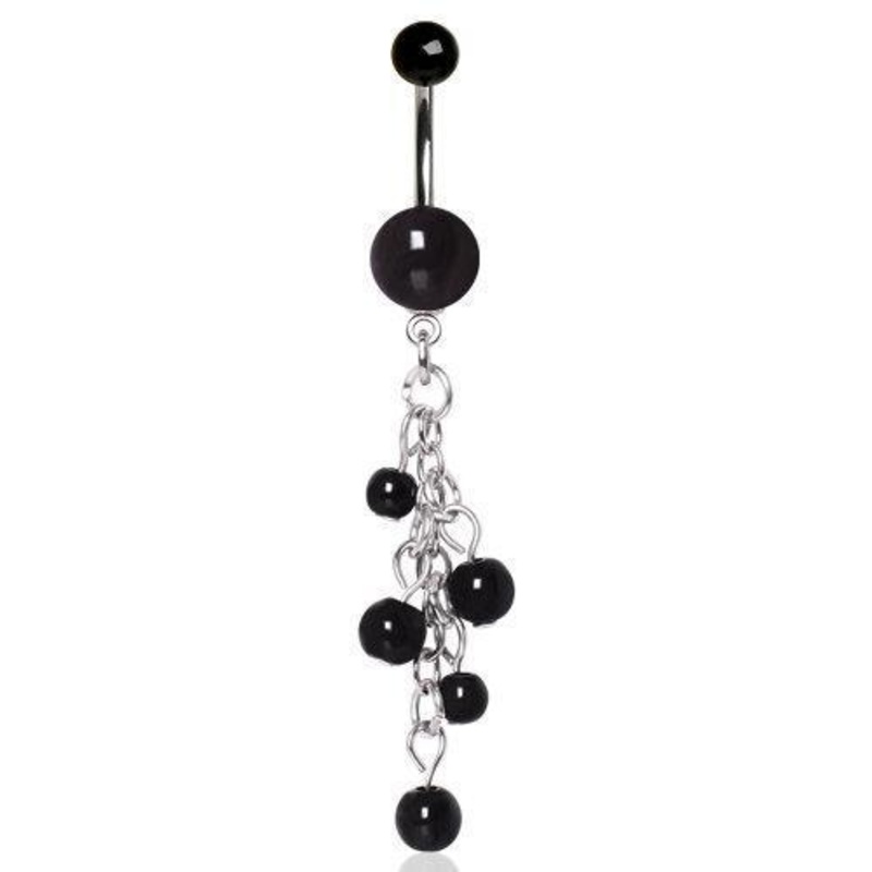 Black Acrylic Dangle Belly Ring Beaded Chain Cascade 14G (1.6mm) Length: 3/8″ (10mm)