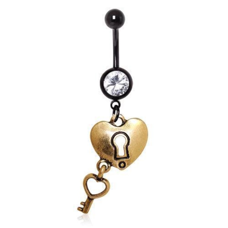 Brushed Gold Heart Lock Key Dangle Belly Ring 14G (1.6mm) Length: 3/8″ (10mm) Clear