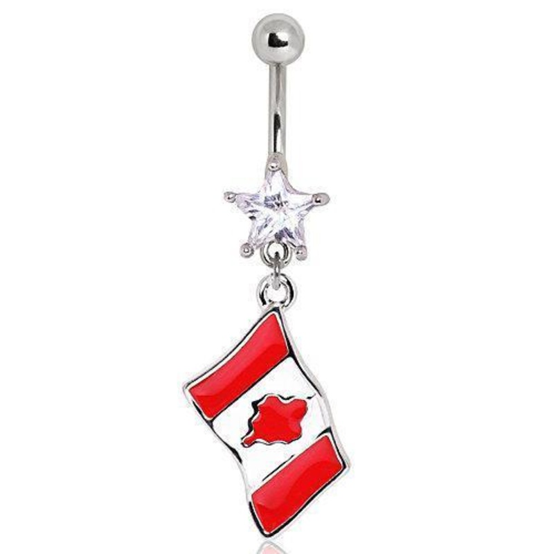 Canada Flag Dangle Belly Ring 14G (1.6mm) Length: 3/8″ (10mm) Clear