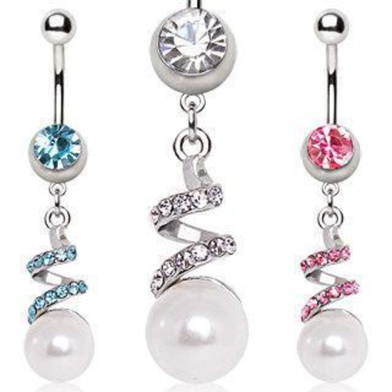 Twisted Ribbon Pearl Dangle Belly Ring 14G (1.6mm) Length: 3/8″ (10mm) Aqua