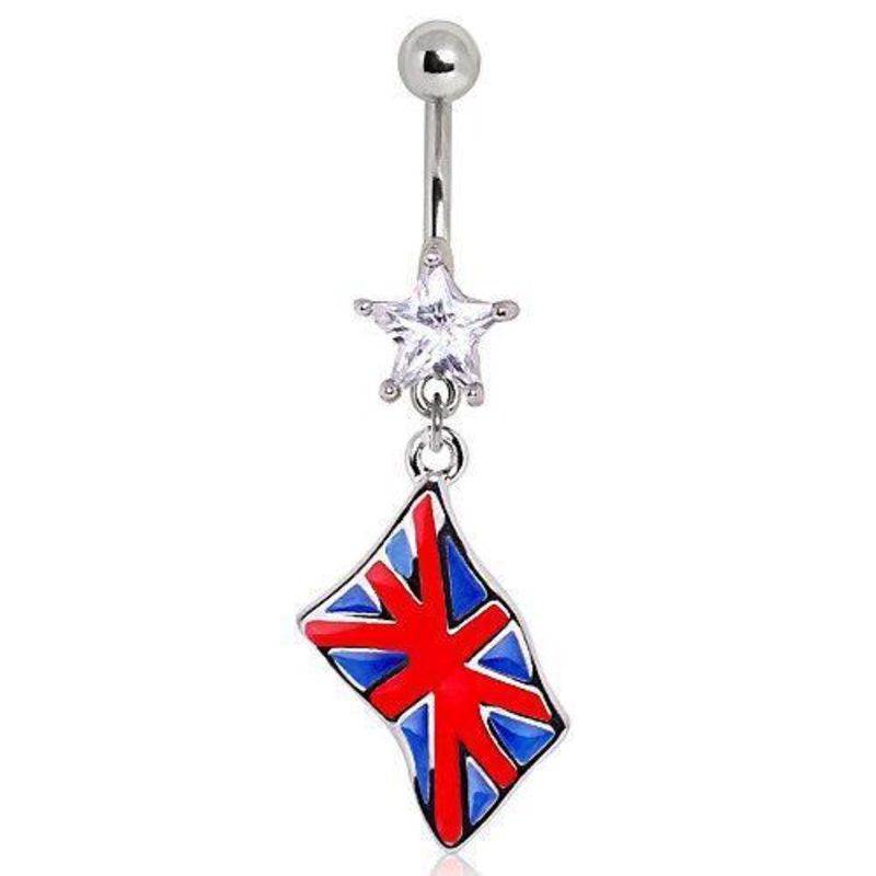 United Kingdom Flag Dangle Belly Ring 14G (1.6mm) Length: 3/8″ (10mm) Clear