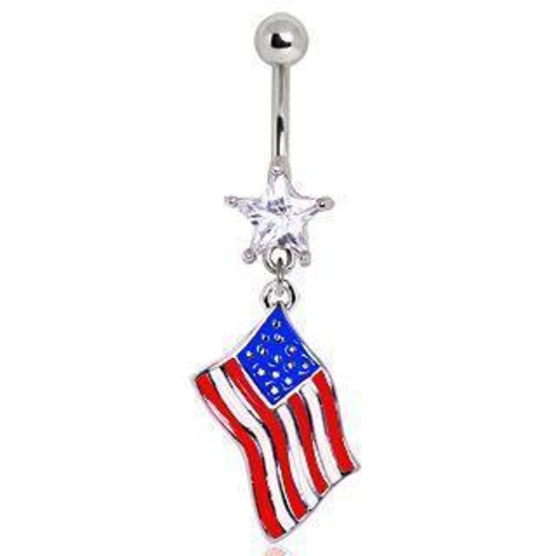 USA Flag Dangle Belly Ring 14G (1.6mm) Length: 3/8″ (10mm) Clear