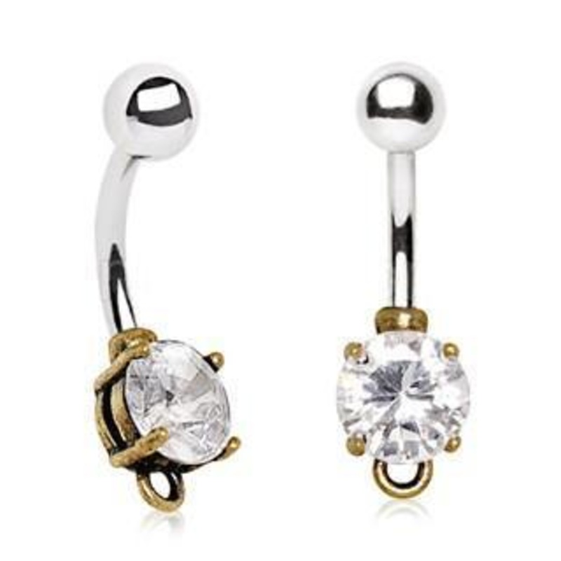 Vintage Gold Dangle Belly Ring Prong Set Gems and a Ring to Attach Dangle 14G (1.6mm) Length: 3/8″ (10mm) | Ball-Size: 5x7mm Clear