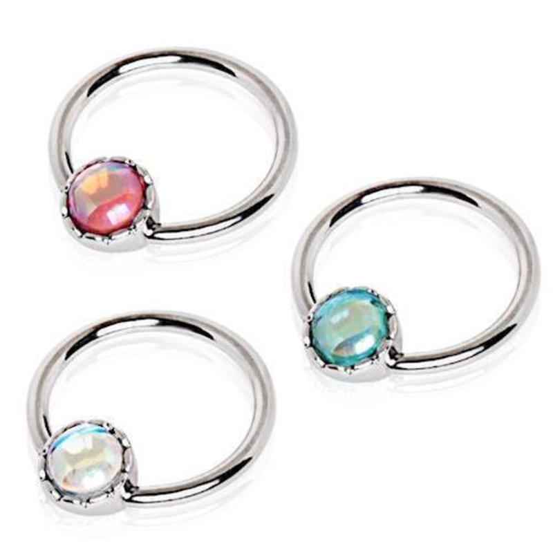 Rainbow Rhinestone Captive Bead Ring Front Facing – 1 Piece 14G (1.6mm) Inner Diameter: 9/16″ (14mm) Aqua