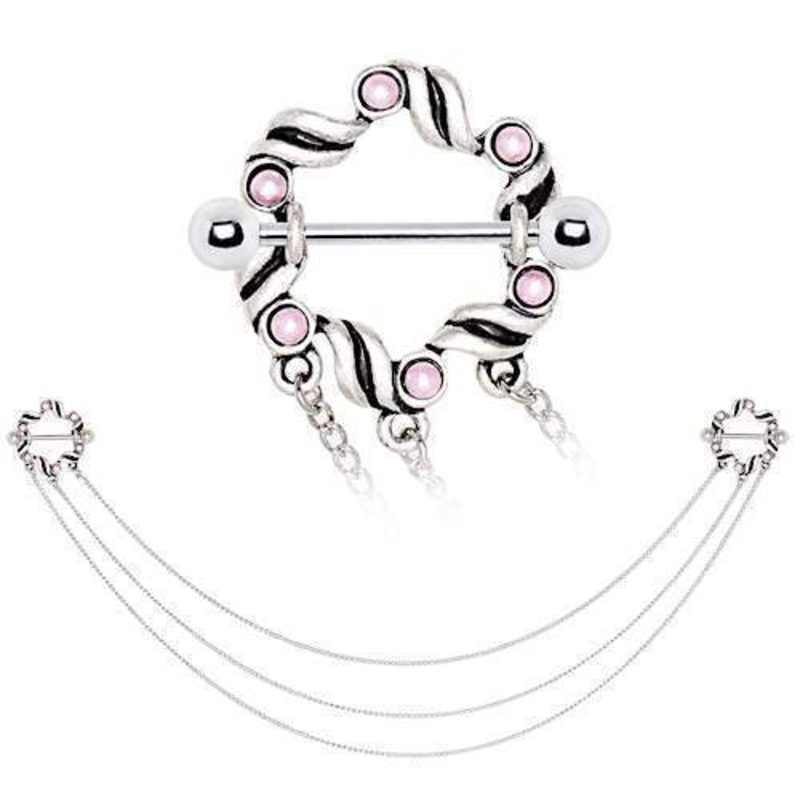 Triple Chain Pink Ribbon Nipple Chain Shields – 1 Pair 14G (1.6mm) Length : 3/4″ (19mm) | Ball-Size : 5mm
