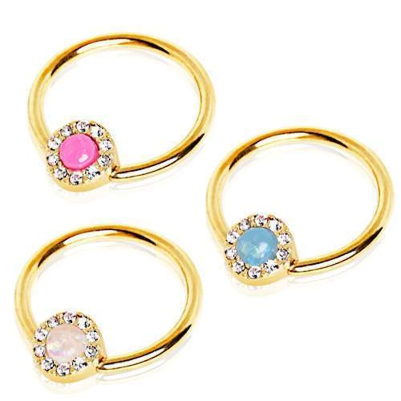 Gold Jeweled Opal Captive Bead Ring Front Facing – 1 Piece 14G (1.6mm) Inner Diameter: 1/2″ (12.7mm) | Ball-Size: 6mm Aqua