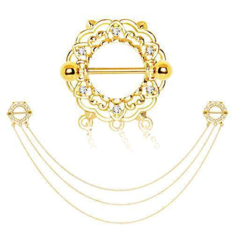 Gold Triple Chain Floral Nipple Chain Shields – 1 Piece 14G (1.6mm) Length : 3/4″ (19mm) | Ball-Size : 5mm