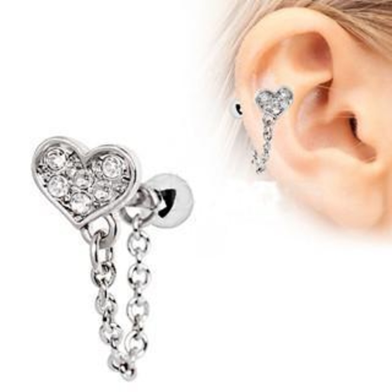 Clear CZ Heart Chain Wrap Cartilage Barbell Earring – 1 Piece 16G (1.2mm) Length: 1/4″ (6mm)