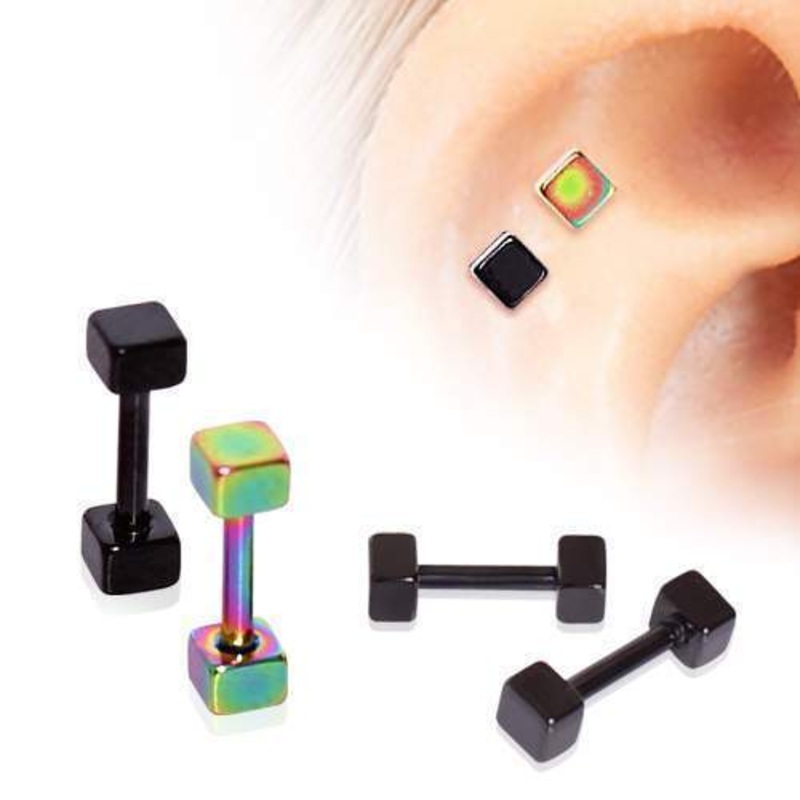 PVD Plated 316L Cubed Cartilage Barbell Earring – 1 Piece 16G (1.2mm) Length: 1/4″ (6mm) | Ball-Size: 3mm Black