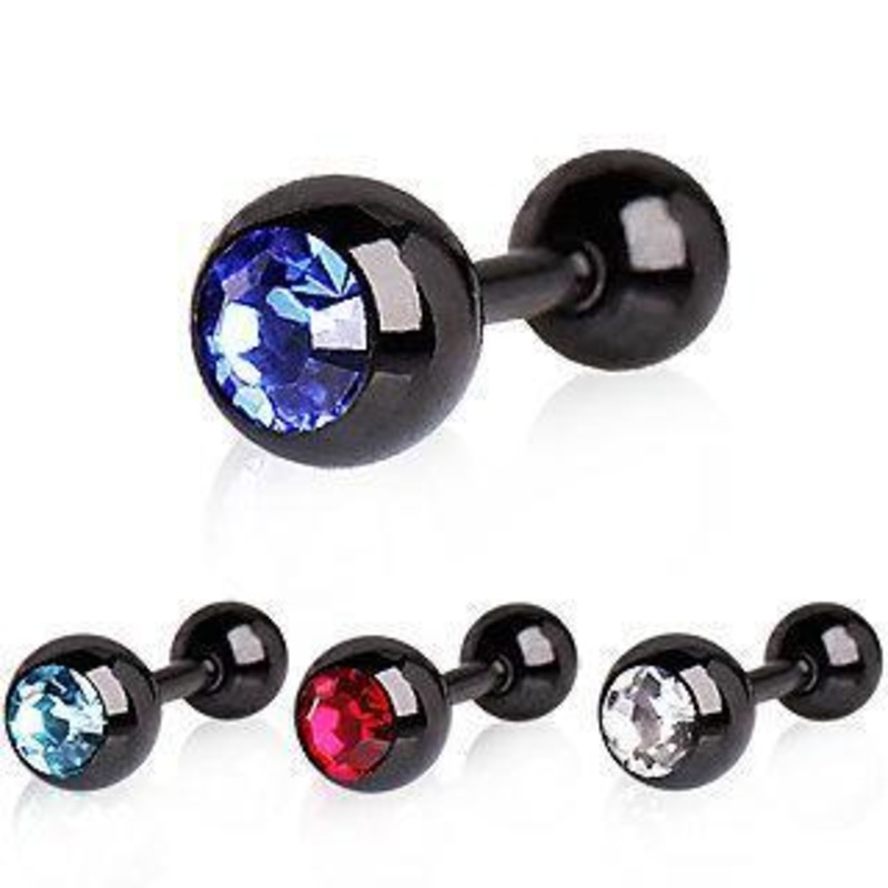 PVD Plated Tragus Cartilage Barbell Earring Press Fitted Cubic Zirconia Ball – 1 Piece 16G (1.2mm) Length: 1/4″ (6mm) | Ball-Size: 5mm Black/Aqua