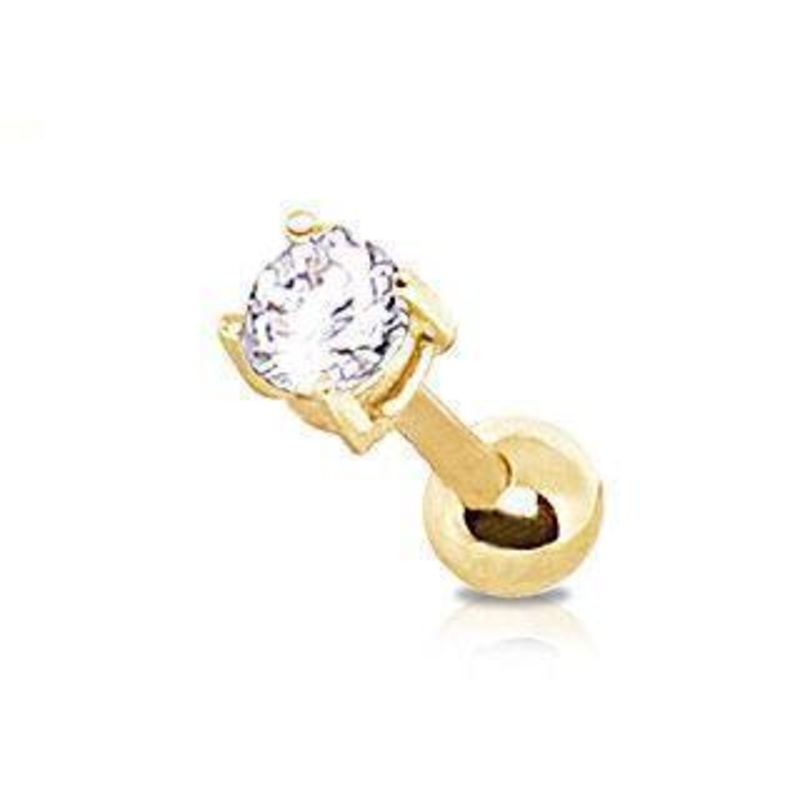 14K  Yellow Gold Clear Prong Set CZ Cartilage Barbell Earring – 1 Piece 16G (1.2mm) Length: 1/4″ (6mm) | Ball-Size: 2mm Clear