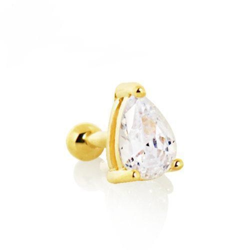 14K Yellow Gold Prong Set Teardrop Cartilage Barbell Earring – 1 Piece 16G (1.2mm) Length: 1/4″ (6mm)