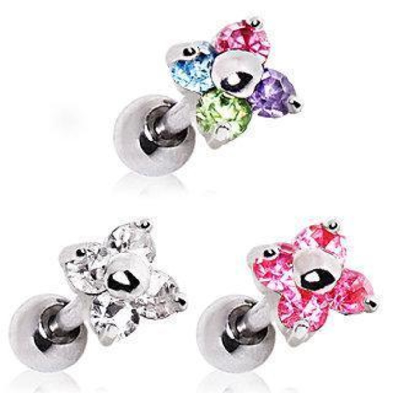 316L Flower CZ Cartilage Barbell Earring – 1 Piece 16G (1.2mm) Length: 1/4″ (6mm) | Ball-Size: 5mm Clear