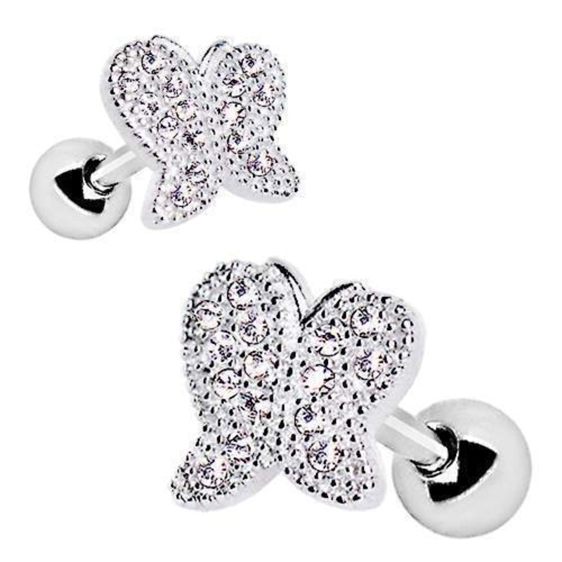 316L Stainless Crystal Butterfly Cartilage Barbell Earring – 1 Piece 16G (1.2mm) Length: 1/4″ (6mm) | Ball-Size: 4mm Clear