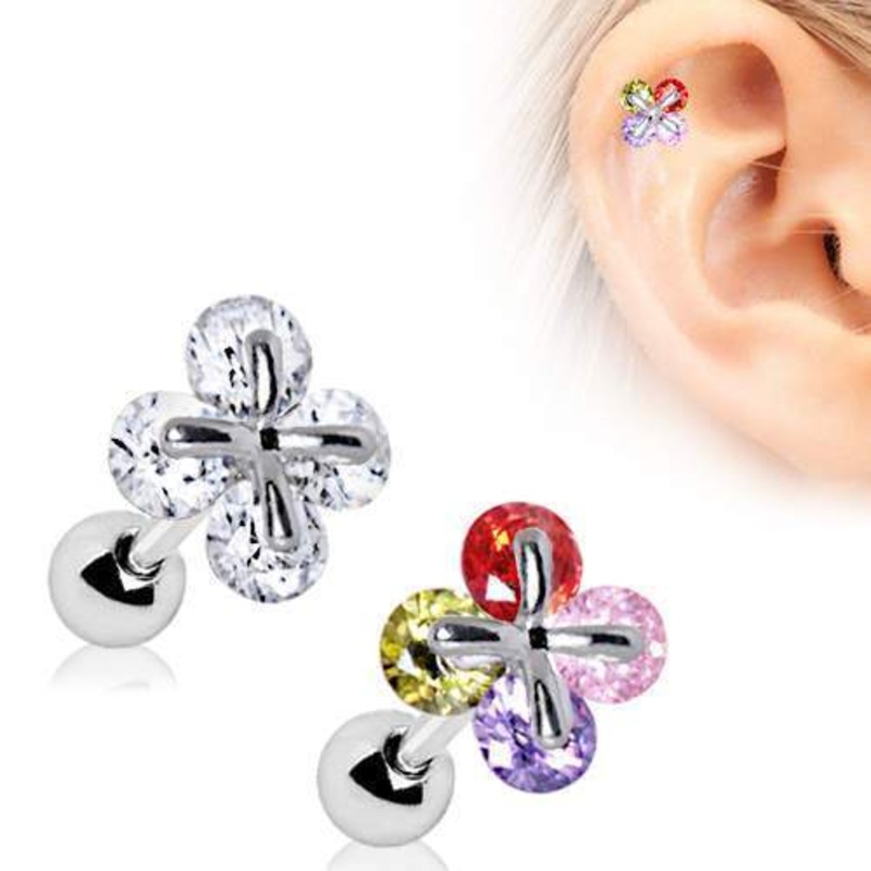 Art of Brilliance Adorned Quatrefoil Cartilage Barbell Earring – 1 Piece 16G (1.2mm) Length: 1/4″ (6mm) | Ball-Size: 4mm Clear